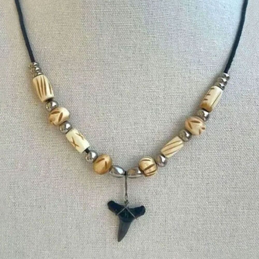 Fossilized Shark Tooth Cord Necklace Surfer Unisex
